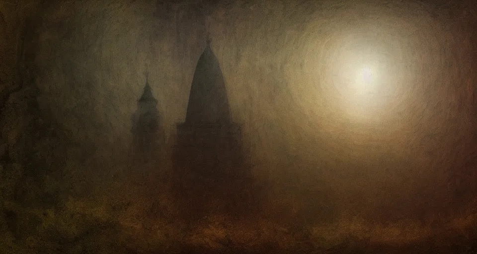 Prompt: neoclassical tower with dome on a magical gloomy mystical forest. by ( rembrandt painting ( 1 0 0 ) ( fractal flame ) ), psychedelic, mech, pearlized, highly detailded
