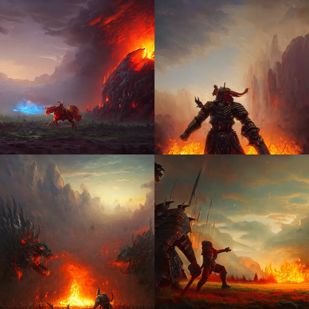 Prompt: masterpiece a lone knight knight knight in a wartorn field facing off against a fire giant fire giant fire giant, by Greg Rutkowski Thomas Kincade, detailed, 4k, cinematic, intense, gritty, fantasy, perspective