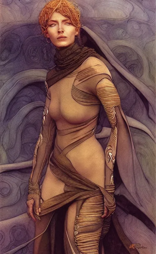 Image similar to beautiful female fremen on dune, by edgar maxence artgerm ross tran and michael whelan and gustav klimpt