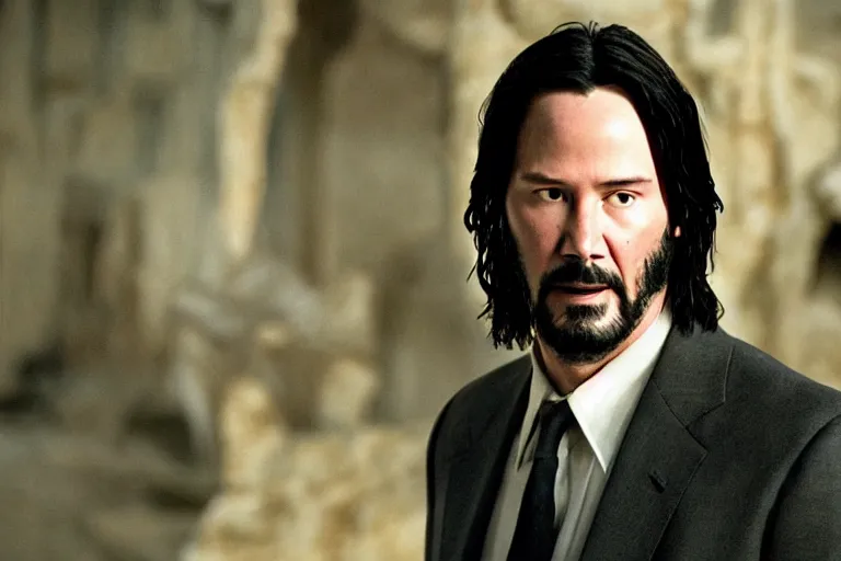 Prompt: promotional image of Keanu Reeves as Jesus Christ in the new movie directed by Christopher Nolan, 50mm film, movie still, promotional image, cinematic