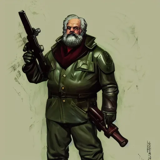 Image similar to portrait of karl marx as a doomguy in team fortress 2 style, tragic, elegant, fantasy, hd shot, digital portrait, beautiful, artstation, comic style, by artgerm, guy denning, jakub rozalski, magali villeneuve and charlie bowater