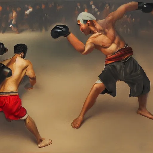 Image similar to asian person fighting a turkish person, cinematic, 4 k, oil painting