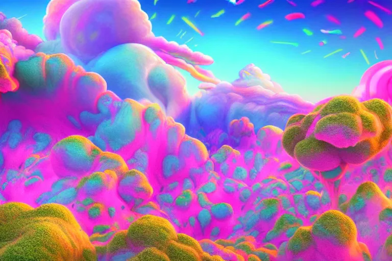 Image similar to a psychedelic realm with rolling plains made out of clouds, mountains made out of icebergs, and plant life made out of cotton candy, in the style of wlop and lisa frank, illustration, epic, fantasy, hyper detailed, smooth, unreal engine, sharp focus, ray tracing