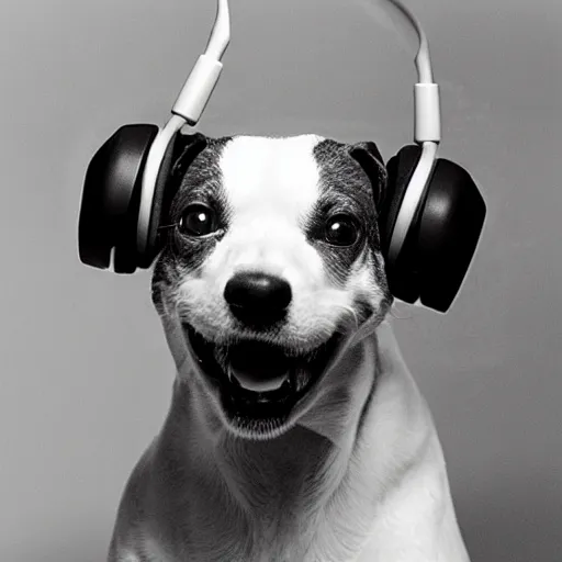 Image similar to A prize-winning highly detailed vintage black-and-white grainy damaged photograph of a dog playing Xbox with an intense expression as it barks into a headset