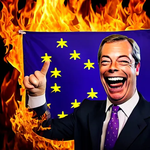 Image similar to nigel farage laughing holding burning eu flag, studio photograph, hd, studio