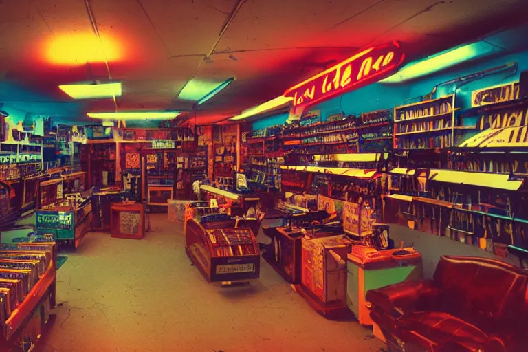 Image similar to inside of a 1970s music store store, neon lights, dirty, ektachrome photograph, volumetric lighting, f8 aperture, cinematic Eastman 5384 film