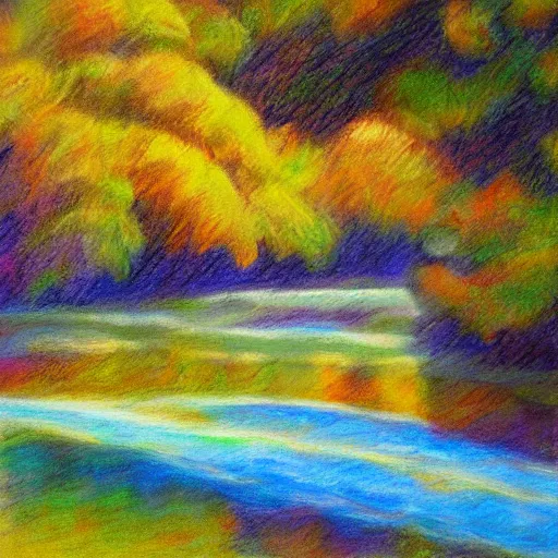 Image similar to a beautiful impressionist painting of a winding river, colored charcoal drawing on canvas