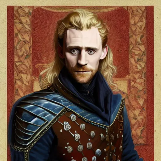 Image similar to blonde medieval nobleman, tom hiddleston, D&D, doublet, painted fantasy character portrait, highly detailed, digital painting, artstation, concept art, sharp focus, illustration, art by artgerm and greg rutkowski and alphonse mucha