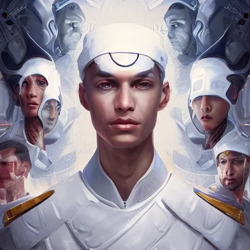 Image similar to portrait of a regal prince in futuristic white clothes, high collar, sharp cheekbones, hopeful expression, surrounded by a crowd of furious people out of focus, matte painting, digital art, stylized, highly detailed, by cedric peyravernay