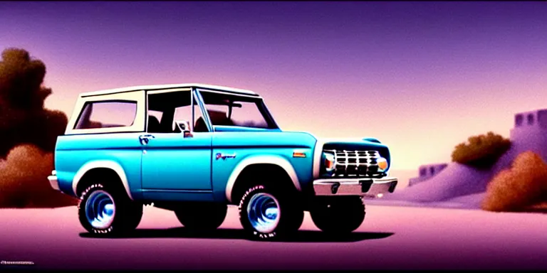 Prompt: a cinematic keyframe matte painting of a sleek 1 9 7 0 s vaporwave concept vehicle retro - futurism sci - fi sky blue ford bronco car in an open garage in the colorado, view from the street. in the moonlight. by eric lafforgue, glennray tutor and edward hopper, greg rutkowski. trending on artstation.