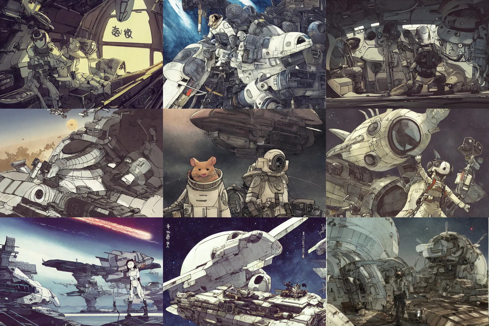 Prompt: rodent with white and black ancestral ornate japanese tactical gear on an abandoned spaceship, long shot, rule of thirds, golden ratio, graphic novel by fiona staples and dustin nguyen, art by beaststars and orange, peter elson, alan bean, studio ghibli, makoto shinkai