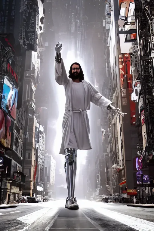 Image similar to jesus christ wearing a white robe with robotic arms and robotic legs walks in downtown new york in the future, intricate, hyper detailed, accent lighting, dramatic light, 4 k octane render