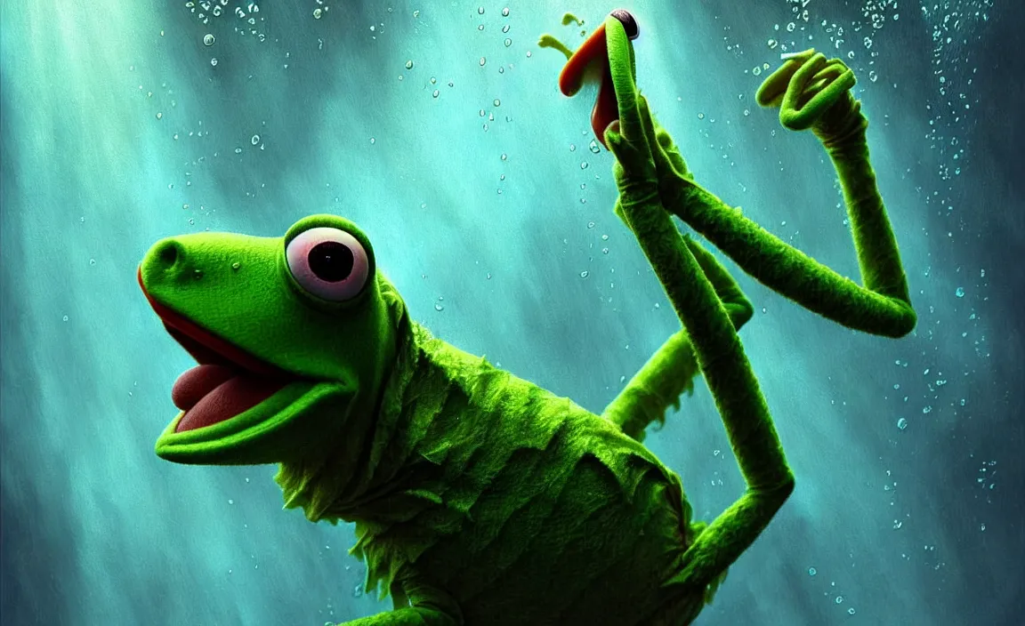 Image similar to epic professional digital art of kermit the frog underwater, faint blue moody atmospheric lighting, underwater octopod life, painted, intricate, detailed, foreboding, by leesha hannigan, wayne haag, reyna rochin, ignacio fernandez rios, mark ryden, iris van herpen,, epic, stunning, gorgeous, much wow, cinematic, masterpiece.