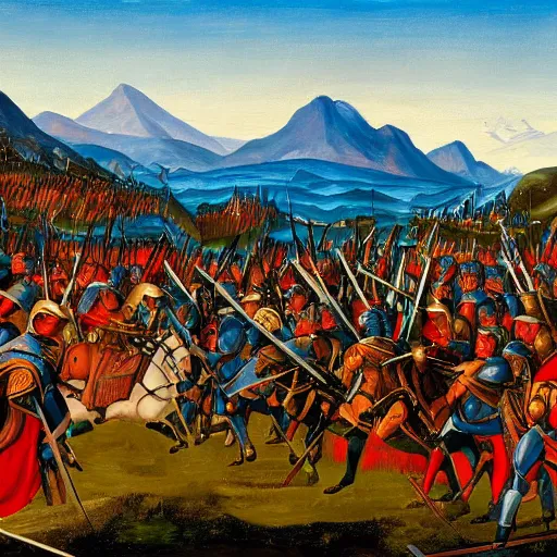 Image similar to wideshot of a medieval battle in front of a beautiful blue mountainscape, painting