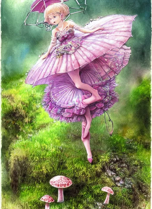 Prompt: A pixy princess with a tattered pink tutu, mushroom umbrella, moss, dewdrops, watercolor, dramatic lighting, cinematic, establishing shot, extremely high detail, foto realistic, cinematic lighting, pen and ink, intricate line drawings, by Yoshitaka Amano, Ruan Jia, Kentaro Miura, Artgerm, post processed, concept art, artstation, matte painting, style by eddie mendoza, raphael lacoste, alex ross,