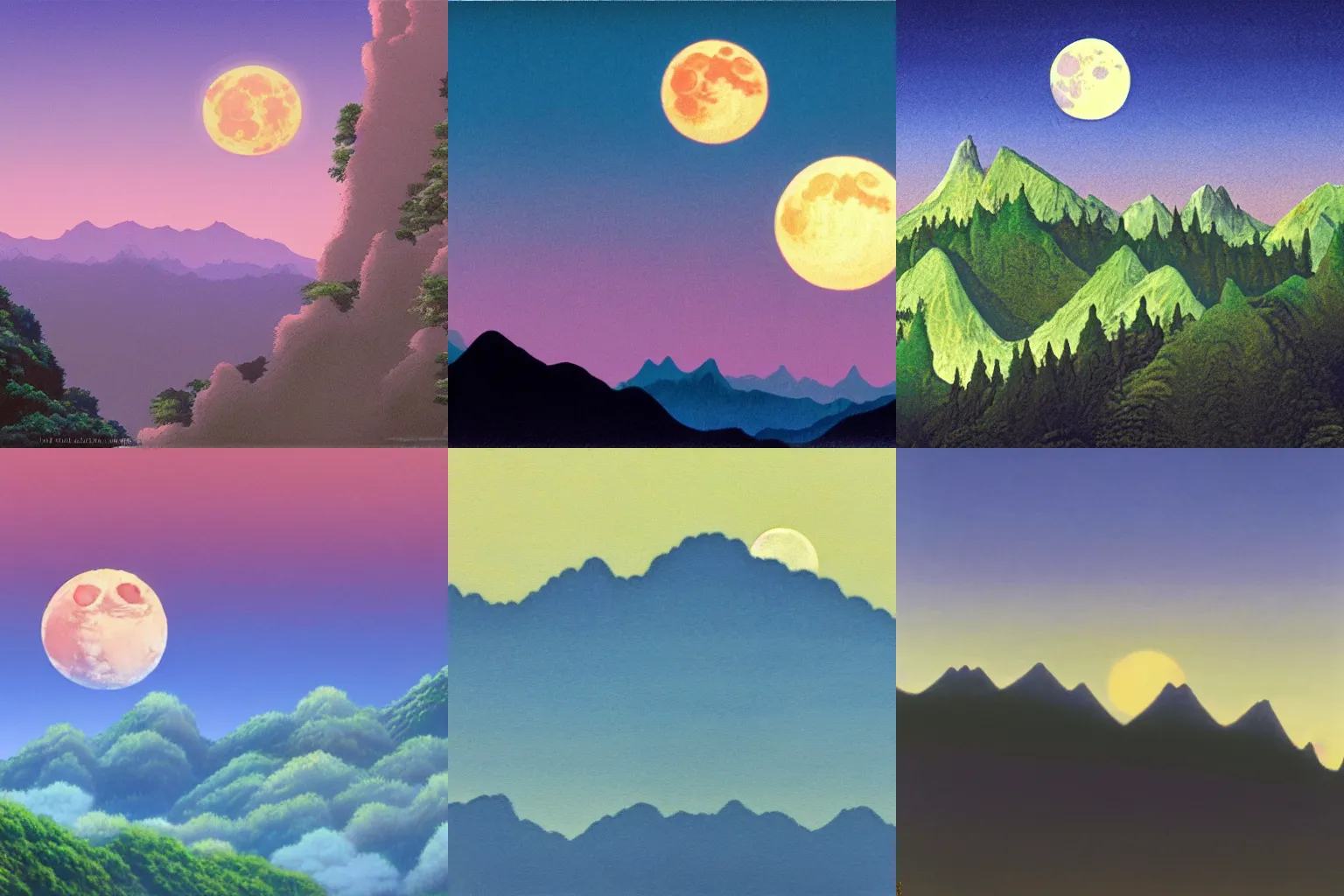 Prompt: Moon rise over the mountains, hyperrealistic, studio ghibli