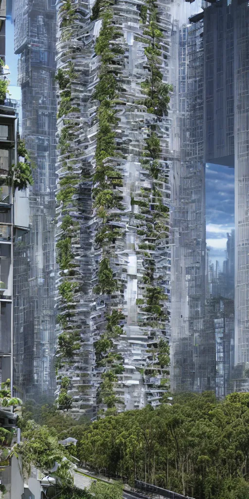 Prompt: elevational photo by Andreas Gursky of tall and slender futuristic mixed-use towers emerging out of the ground. Industrial spider-robots climb the facade. The towers are covered with trees and ferns growing from floors and balconies. The towers are clustered very close together and stand straight and tall. The housing towers have 100 floors with deep balconies and hanging plants. Thin bridges span between towers. Cinematic composition, volumetric lighting, architectural photography, 8k, megascans, vray.