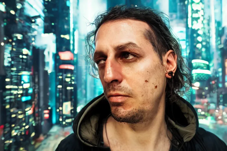 Image similar to cyberpunk hacker closeup portrait in high tech compound by Emmanuel Lubezki