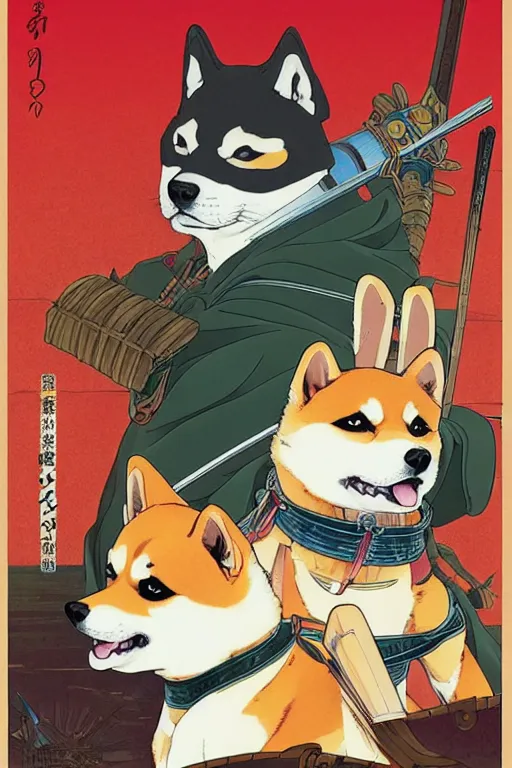 Image similar to poster of a shiba inu as a samurai, studio ghibli aesthetic, by yoichi hatakenaka, masamune shirow, josan gonzales and dan mumford, ayami kojima, takato yamamoto, barclay shaw, karol bak, yukito kishiro