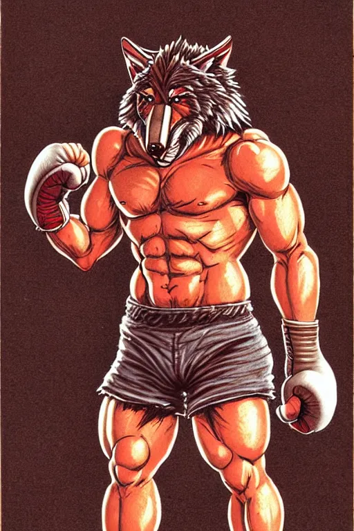 Image similar to extreme long shot. 8 bit nes graphics. antropomorphic muscular masculine wolf. kickboxer fighter, in shorts. wolf head. fine details, very sharp, art from nes game cartridge, 8 0's, vhs artefacts, vaporwave style, marc simonetti and hermann nitsch. contra