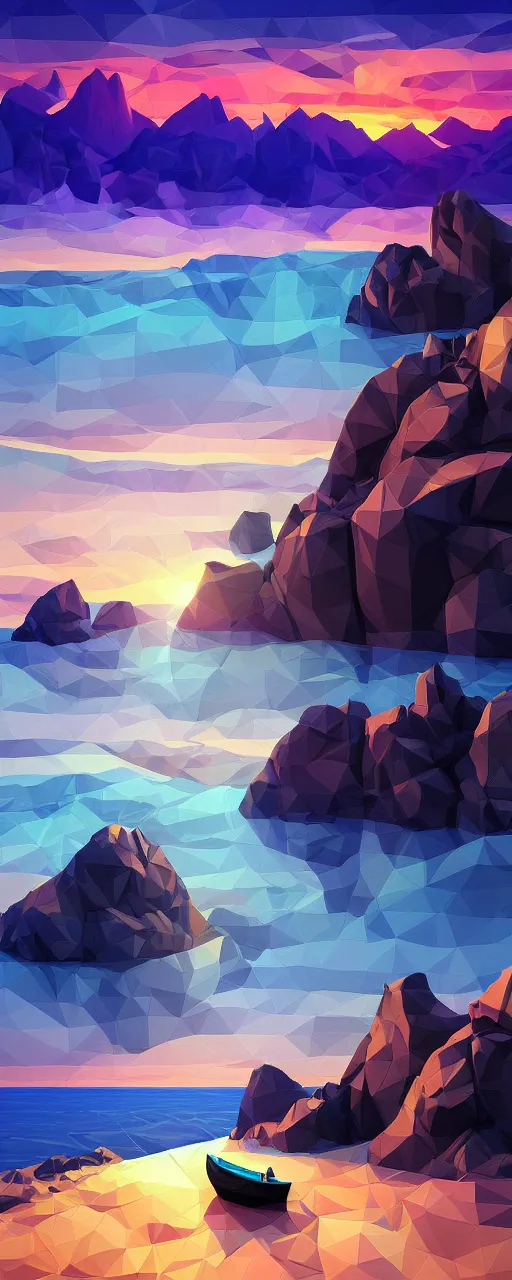 Image similar to super detailed color lowpoly art, northern sunset with rocks on front, monochrome photorealistic bay in the middle of perspective and mountains at background, big graphic vessel in the middle of composition, unreal engine, high contrast color palette, 3 d render, lowpoly, colorful, digital art, perspective, full volume composition, robb cobb, robert mccall, syd mead