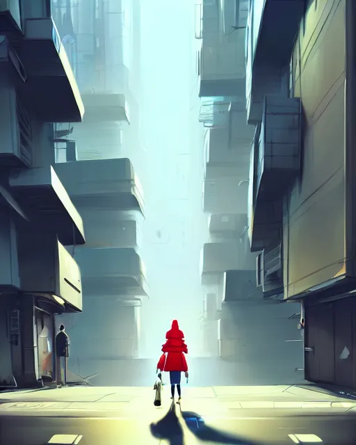 Prompt: a woman walking down a street next to tall buildings, cyberpunk art by goro fujita, cgsociety, photorealism, speedpainting, artstation hq, artstation hd