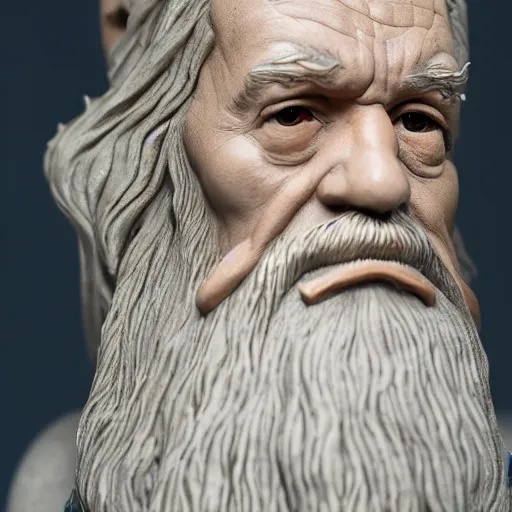 Image similar to figurine made of rough stone of gandalf with no hat. gandalf is sitting at a light - mixer, studio photo, uhd 4 k, backlight, rule of thirds