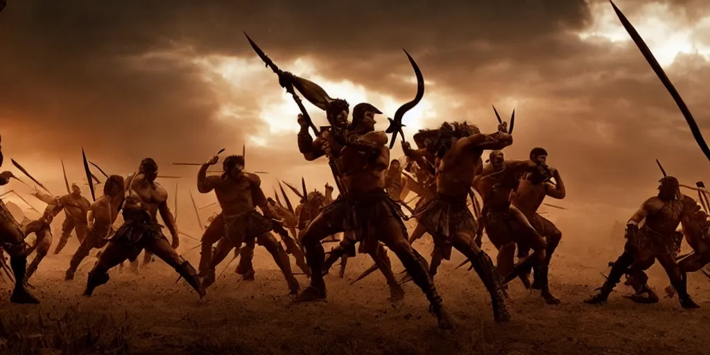 Image similar to epic battle screen of hero, film still from the movie'3 0 0'( 2 0 0 6 ), 3 d, 8 k realistic, cryengine, playstion 5 screen, cinematic lighting