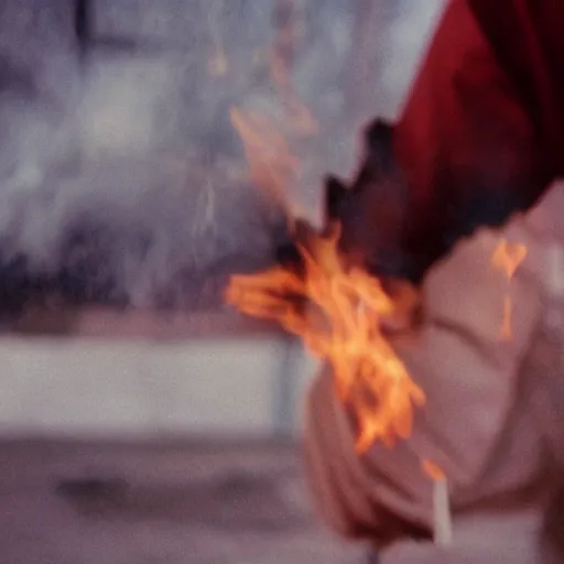 Image similar to cinematic film still of rapper JID starring as a Japanese Sensei with fire, Japanese CGI, VFX, 2003, 40mm lens, shallow depth of field, film photography