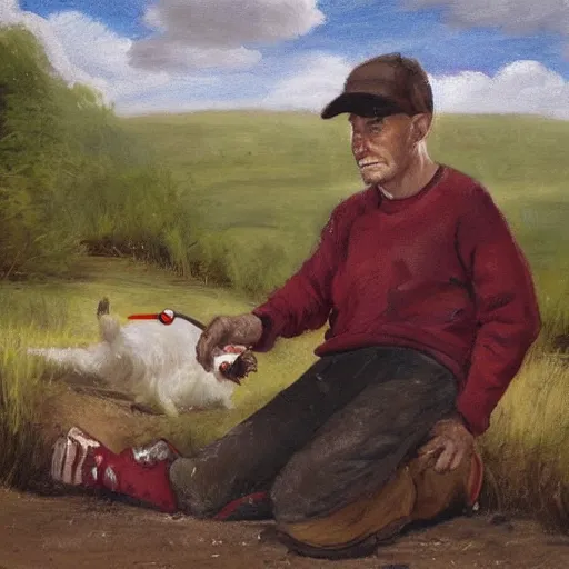 Image similar to a man in cheap and red used sportswear. he is smoking a cigarette. he is sitting on a dead dog. he is on the side of the road. he is wearing slippers. it is a rural scene, in poor village, dramatic lighting, hyper detailed, surreal, hyperrealism, oil painting