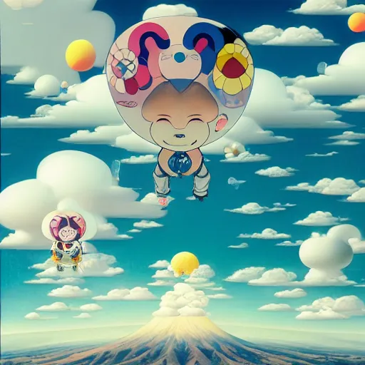 Image similar to a man walking on clouds above kyoto by takashi murakami, beeple and james jean, aya takano color style, 4 k, super detailed