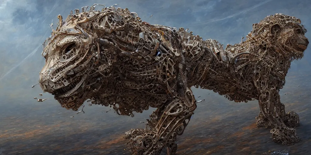 Prompt: A beautiful painting of a biomechanical lion by Peter Gric, ConceptArtWorld, DeviantArt, Nvidia, Trending on artstation, Unreal Engine