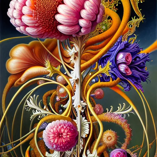 Prompt: an ultra high resolution detailed oil painting of many different types of flowers by Android Jones, Earnst Haeckel, James Jean. behance contest winner, generative art, Baroque, intricate patterns, fractalism, rococo, hyperrealism, ornate floral patterns