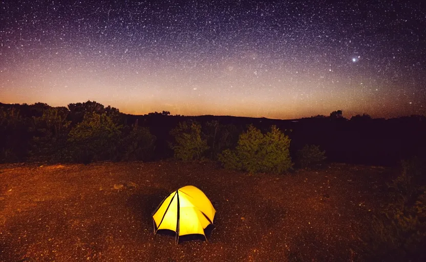 Prompt: night photography of the night sky with stars with a tent and fireplace in foreground