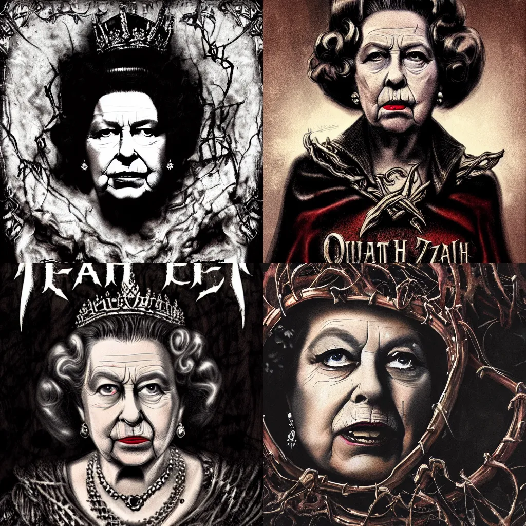 Prompt: Death Metal album cover, Queen Elizabeth II, high detail, ArtStation, dark, grungy, vines, royal jewels