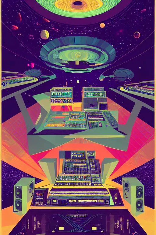 Image similar to giant speaker system and music recording studio inside the international space station filled to the brim with electronic equipment and modular synthesizers, poster art by victo ngai, ori toor, kilian eng behance contest winner, crystal cubism, poster art, cubism, tarot card, psychedelic art, concert poster, poster art, maximalist