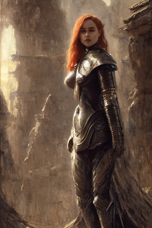 Image similar to redhead emilia clarke wearing black geometric armour, bare legs, detailed, by gaston bussiere, bayard wu, greg rutkowski, giger, maxim verehin, greg rutkowski, masterpiece, sharp focus, cinematic lightning