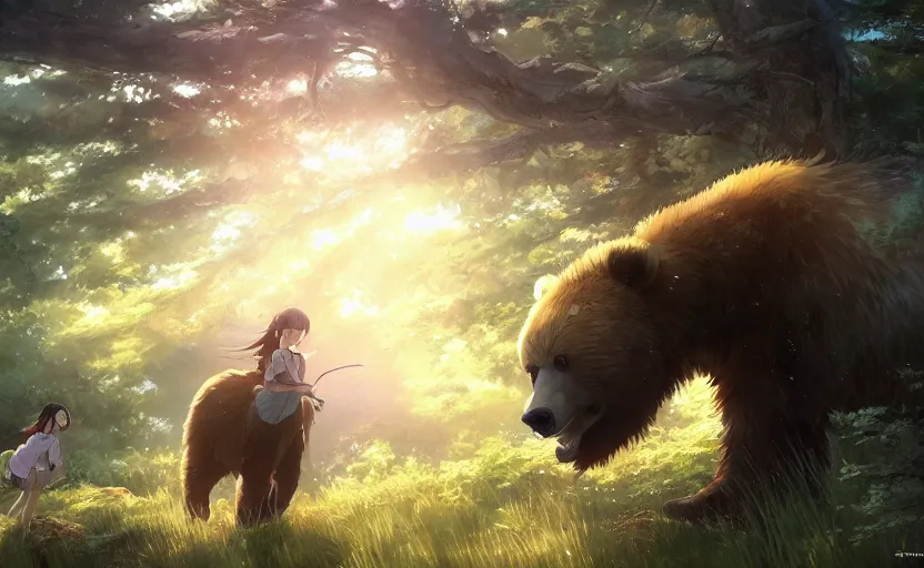 Prompt: anime scene of a girl riding a grizzly bear in the woods, full shot, atmospheric lighting, detailed faces, by makoto shinkai, stanley artgerm lau, wlop, rossdraws