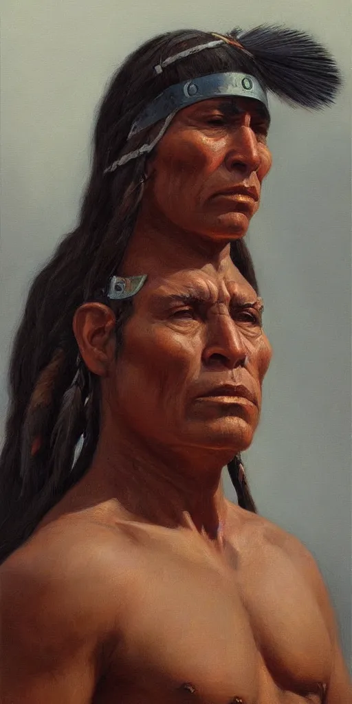 Prompt: a stunning and noble highly detailed portrait of a native american warrior by josep tapiro baro and edward hopper, trending on artstation, oil painting masterpiece, symmetry, mysterious, very very very aesthetic