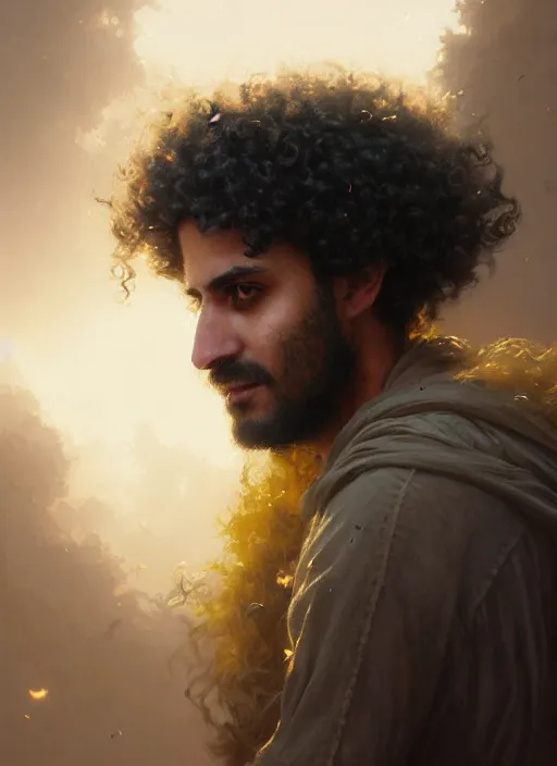 Prompt: highly detailed portrait arab man curly hair knight, hero, yellow charcoal, stephen bliss, 8 k, unreal engine, fantasy art by greg rutkowski, loish, rhads, ferdinand knab, makoto shinkai and lois van baarle, ilya kuvshinov, rossdraws, tom bagshaw, global illumination, radiant light, detailed and intricate environment