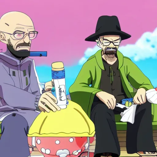 Image similar to walter white smoking a joint with jesse pinkman, in One Piece Anime Series, 4k Resolution.