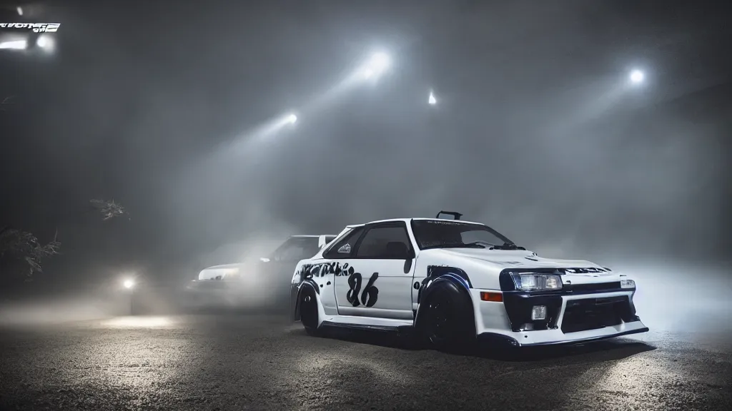 Image similar to takumi fujiwara's toyota ae 8 6 with pop - up headlights, cinematic, nikon d 7 5 0, long exposure, white balance, 8 k, led, lumen global illumination, fog, ray tracing reflections, fxaa, rtx, post - production