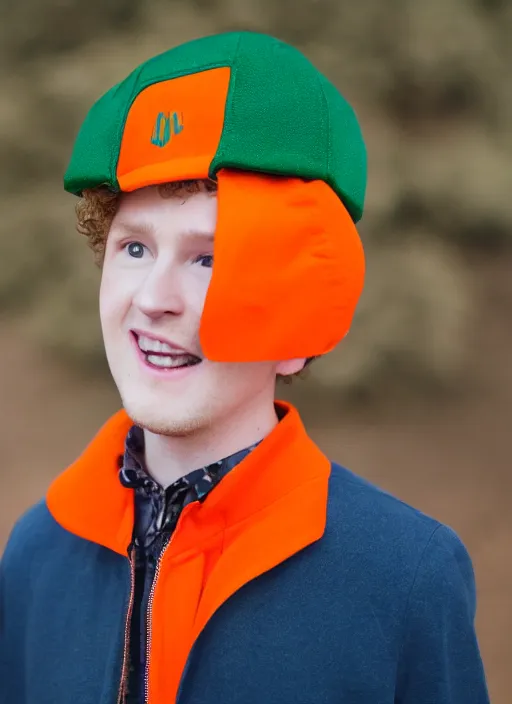 Image similar to portrait photo still of real life kyle broflovski wearing an orange jacket and green hat, 8 k, 8 5 mm, f. 1 4