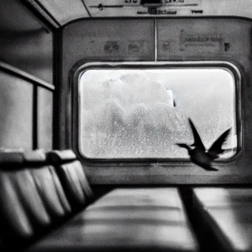 Prompt: storm of birds inside a train. trenitalia. genova. cinematic. rule if thirds. 4 k. film still.