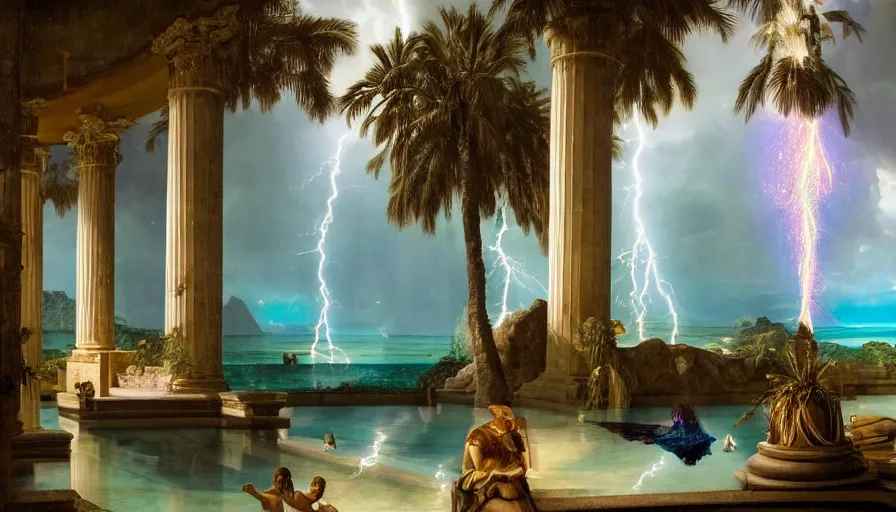 Image similar to Inside the Palace of the occult, mediterranean balustrade and columns, refracted sparkles, thunderstorm, greek pool, beach and Tropical vegetation on the background major arcana sky and occult symbols, by paul delaroche, hyperrealistic 4k uhd, award-winning, very detailed paradise