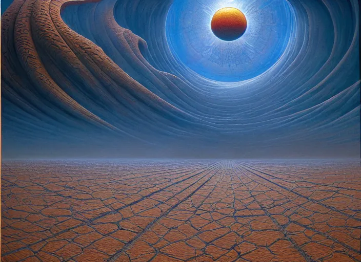 Prompt: realistic detailed image of a huge sand desert. a ** thin stream of sand*** falls from the sky in to eternity of outer space. by Ayami Kojima, Amano, Karol Bak, Greg Hildebrandt, and Mark Brooks, Neo-Gothic, gothic, rich deep colors. Beksinski painting, part by Adrian Ghenie and Gerhard Richter. art by Takato Yamamoto. masterpiece