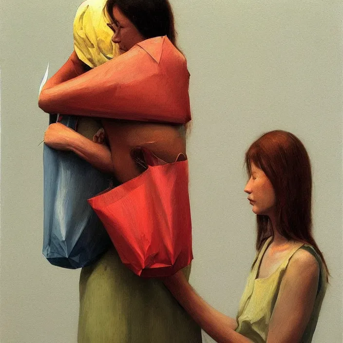 Image similar to two women hugging with a paper bag over the head dressed in plastic bags, highly detailed, artstation, art by, , edward hopper, Zdzislaw Beksinski, highly detailed