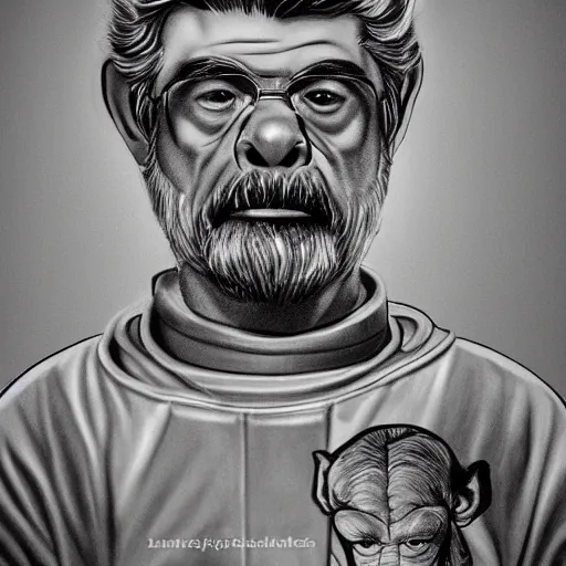 Image similar to pencil art, realistic self portrait, astronaut a and two chimpanzees, style of george lucas.