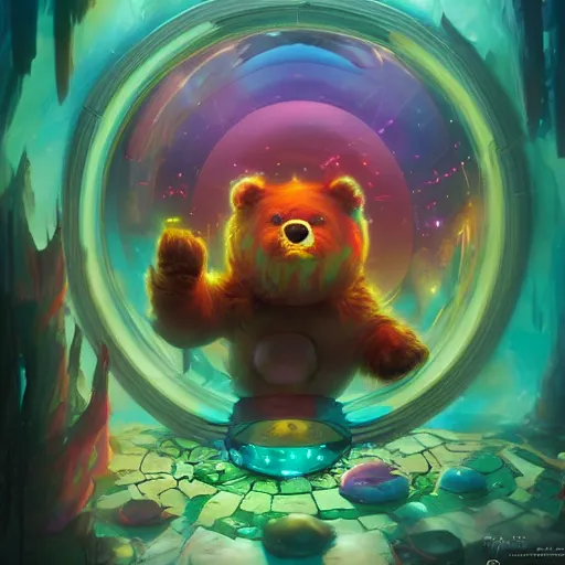 Prompt: a beautiful colorful interesting detailed sci-fi fantasy scene of a teddy bear going through a swirling mystical time portal to Wonderland, magic the gathering, Marc Simonetti and Anato Finnstark, neon pastel color palette, vibrant 8k rendering, concept art, trending on artstation HQ