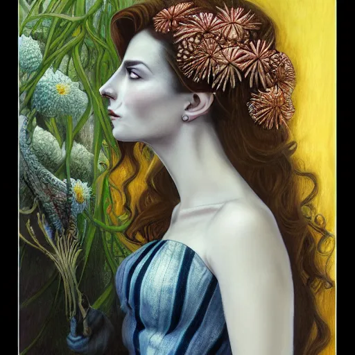 Image similar to facial portrait of a young pretty woman in flowing dress, arrogant, mysterious, long fine flowing hair, delicate, looking at camera, slightly awkward smile, realistic face, hands behind back, stylish, elegant, grimdark fantasy, flowers, extremely detailed painting inspired by Gerald Brom and Ernst Haeckel and Kaluta